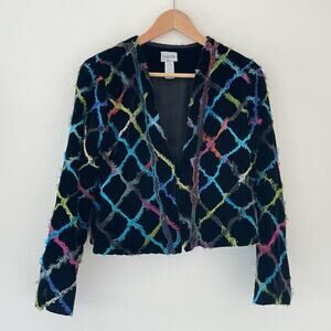 CHICOS Colorful Textured Velvet Cropped Statement Art Jacket Sz Art Velour